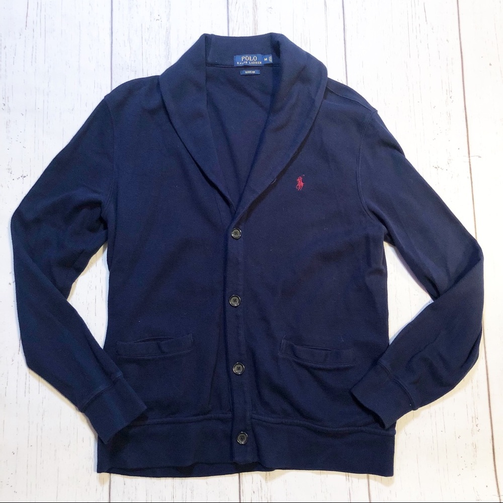 Polo Ralph Lauren navy blue long sleeve cardigan sweater medium vintage style